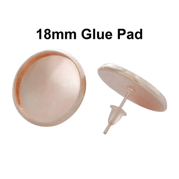 E269 - 20 pcs. Rose Gold Plated Earring Posts Studs Settings Bezels Cabochons Tacks- 18mm Glue Pad Setting - With Rubber Stoppers!