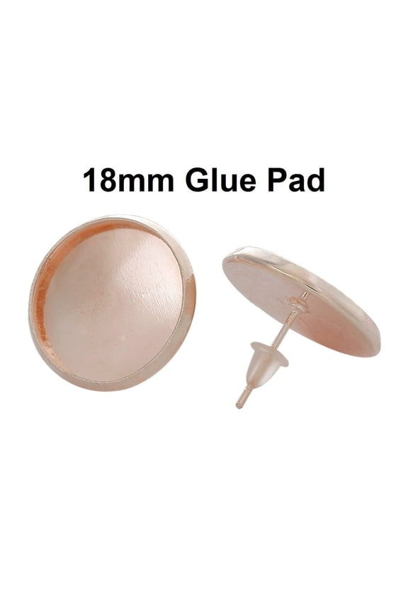 E269 - 20 pcs. Rose Gold Plated Earring Posts Studs Settings Bezels Cabochons Tacks- 18mm Glue Pad Setting - With Rubber Stoppers!