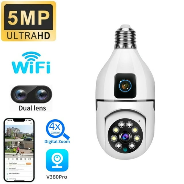 E27 Bulb Wifi Dual Lens Camera 5MP 4K PTZ Surveillance Cameras CCTV