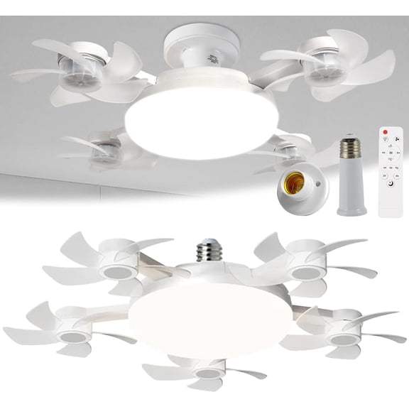 E27 Dimmable LED Light Bulb Fans with RC & Extension Rod Screw in Ceiling Fan Lamp 3-Speed 2 in 1 Hanging Fans for Bedroom Kitchen Working Space, 2026 New E27 Socket Ceiling Fan Light,5 Fan