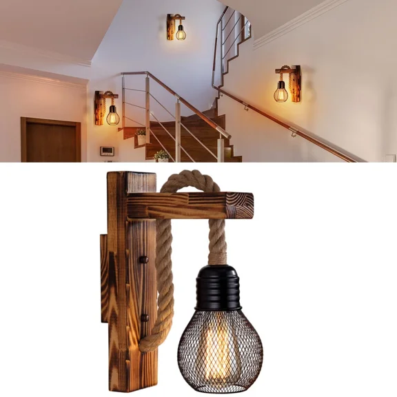 E27 Industrial Vintage Hemp Rope Wall Lights Sconce Aisle Bar Wooden Wall Lamps