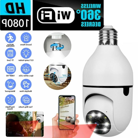E27 Light Bulb Camera, 1080P Video Recording, TwoWay Audio, Motion Detection, Night Vision, Adjustable Lens, App Remote View.