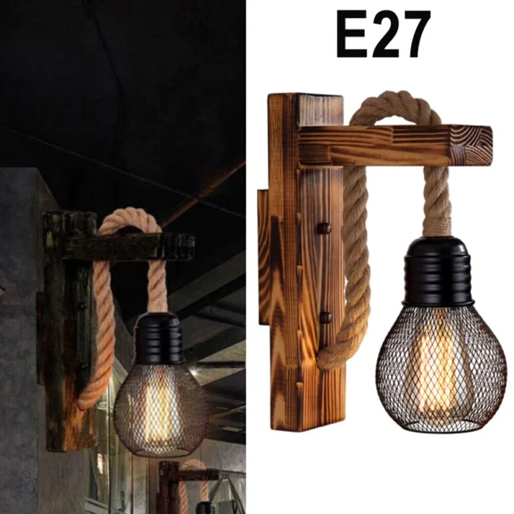 E27 Retro Hemp Rope Wall Light Industrial Wood Aisle Bar Lights Wall Lamp Sconce