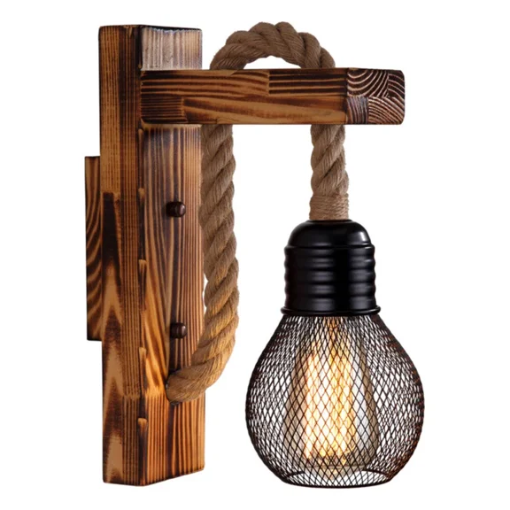 E27 Retro Hemp Rope Wall Light Sconces Wooden Wall Lamp Fixtures Bar Shop Lamps