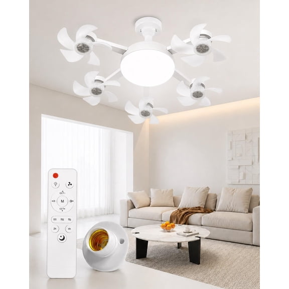 E27 Socket Ceiling Fan Light, Ceiling Fan That Screws into Light Bulb Socket, Socket Fan Light with Remote Control, Dimmable LED Fan Light for Bedroom