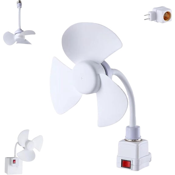 E27 Socket Fan Kit with Plug Adapter – Mini Quiet Electric Fan with Flexible Gooseneck Plug and Light Bulb Base, E27 Mount Fan Light, Adjustable Angle for Kitchen, Bathroom, Office (1pcs)