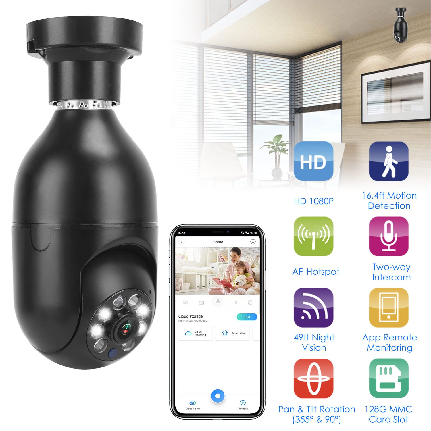 E27 WiFi Bulb Digital Camera 1080P FHD WiFi IP Pan Tilt Security Surveillance Camera with Two-Way Audio Night Vision Motion Detection Function APP Control
