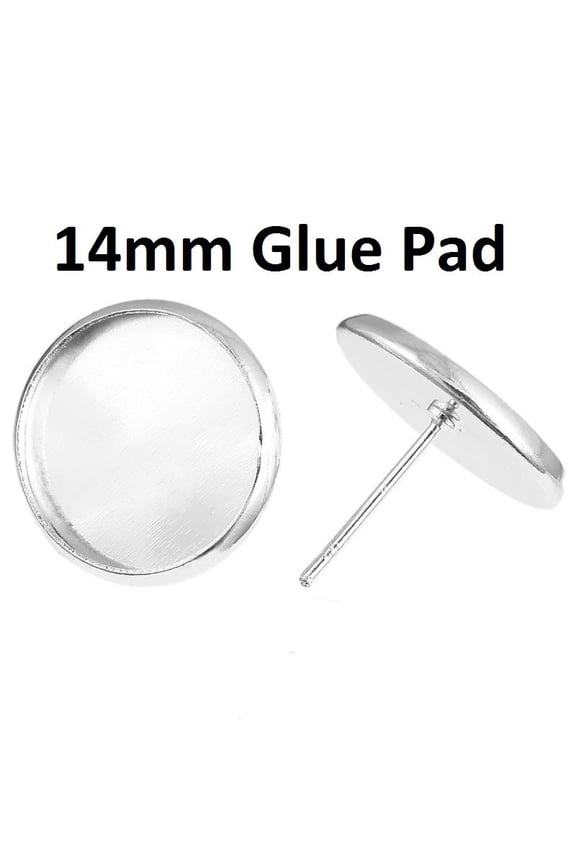 E271 - 20 pcs. Silver Plated Earring Posts Studs Settings Bezels Cabochons Tacks- 14mm Glue Pad Setting