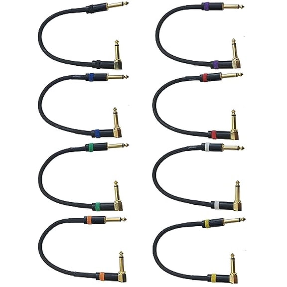 E28101E8 8-Pack 1-Foot 1/4" TS Right Angle to 1/4" TS Straight Instrument/Guitar/Bass/Patch/Stage & Sound Cables, Each Cable with Its Own Unique Ring for Easy Identification$$Music
