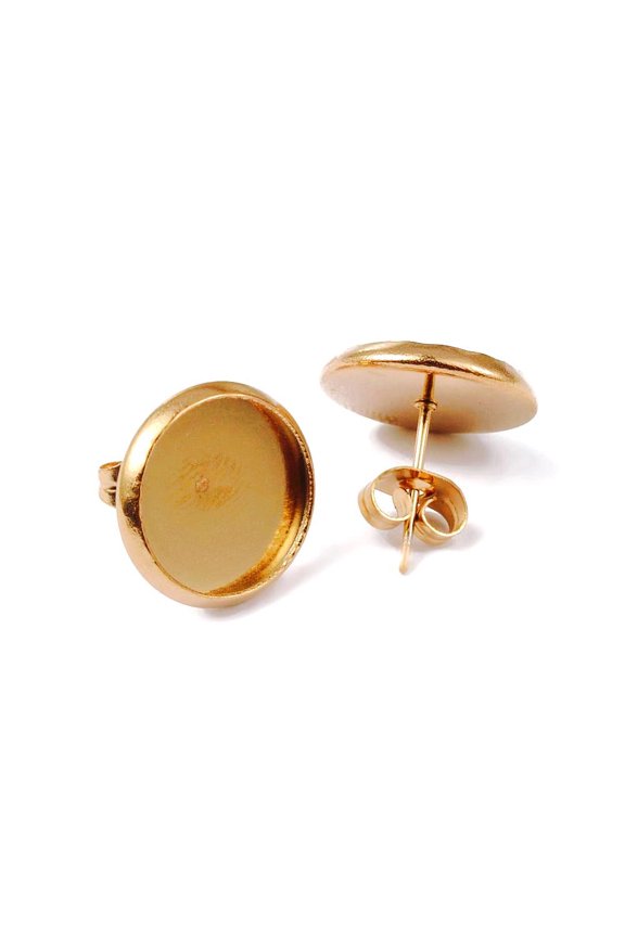 E297 - 10 pcs. 304 Stainless Steel Gold Plated Earring Posts Settings Bezels Cabochons Tacks- 12mm Glue Pad Setting - with Stoppers!
