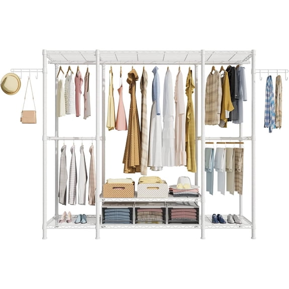 E3 Heavy Duty Garment Rack, 4 Tiers Freestanding Closet Organizer System with 5 Shelves, Metal Closet Organizer and Storage System for Clothes, Max Load 650lbs, 57.1"W x 14.5"D x 77.3"H, White