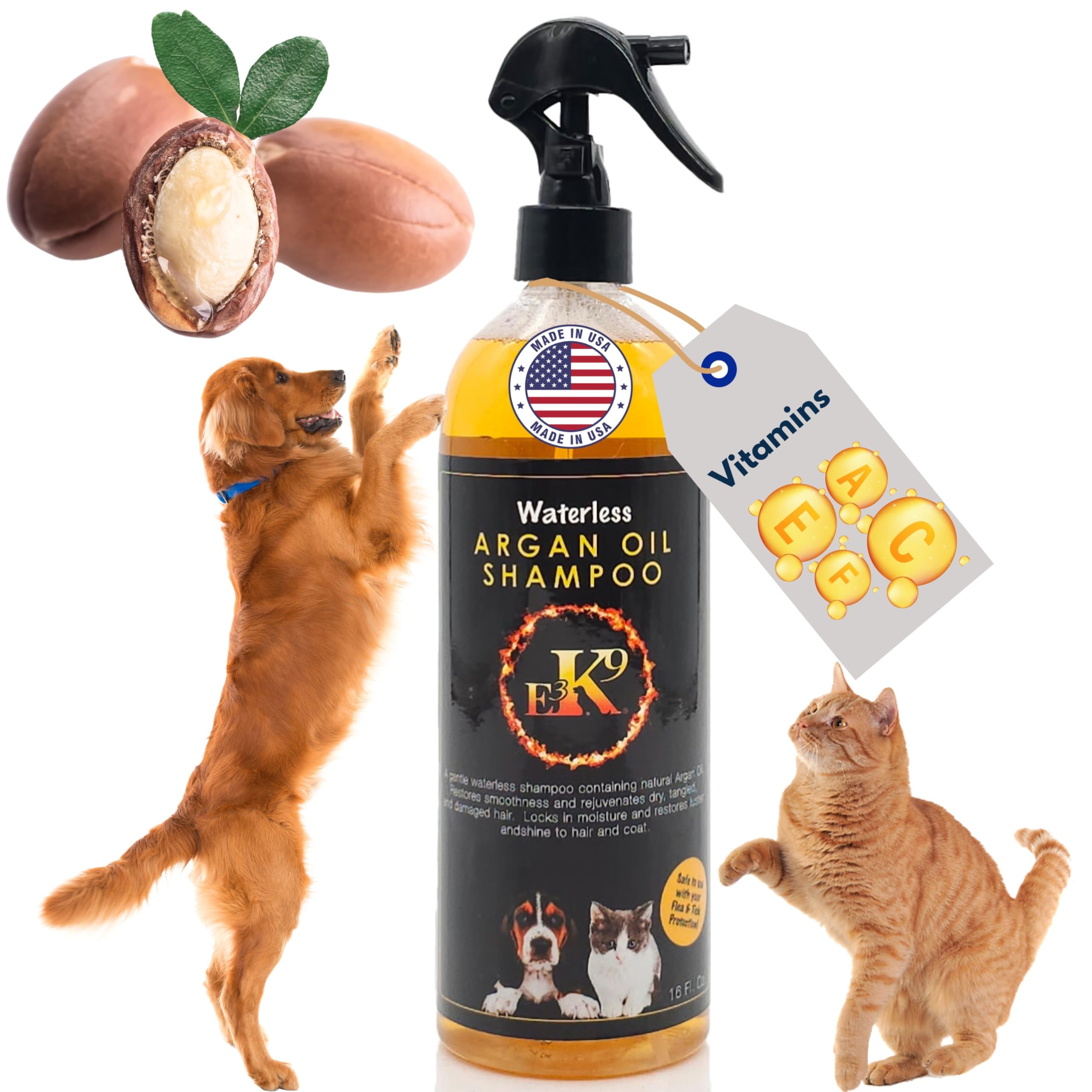 E3 Waterless Argan Oil Shampoo for Cats and Dogs, 16oz Fortified with