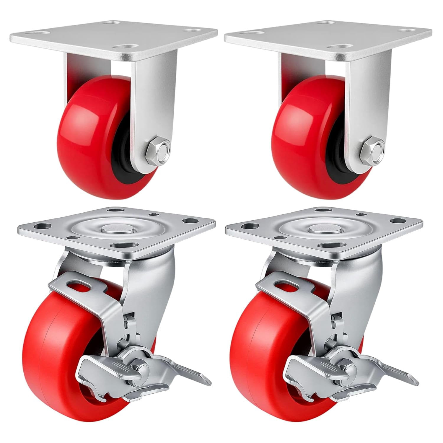 4 Pack Heavy Duty 4 in Polyurethane Caster Wheels, 2 Rigid 2 Swivel with Brake