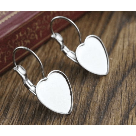 E318 - 10 pcs. 304 Stainless Steel Silver Tone Earring Clips Settings Lever Back Bezels Cabochons - 12mm Glue Pad Setting - Heart Shape Bezels