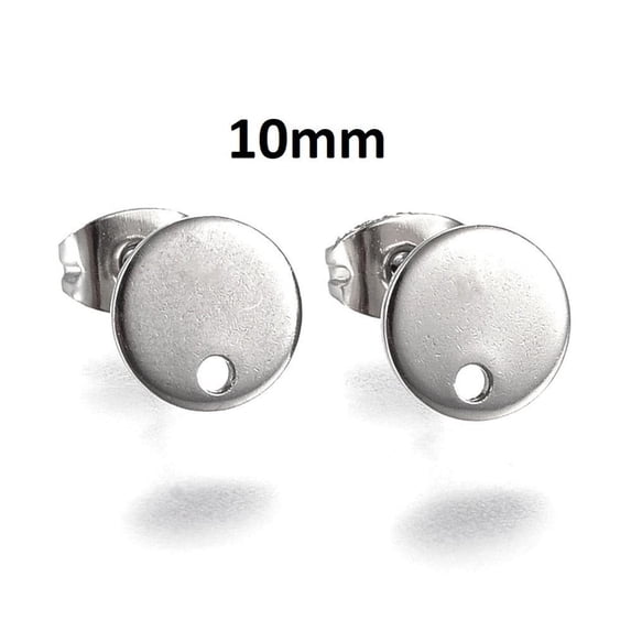 E340 - 10 pcs. (5 pairs) 304 Stainless Steel Silver Tone Earring Posts/Bases/Studs/Settings - 12mm Length - 10mm Diameter - Hole Size: 1.5mm
