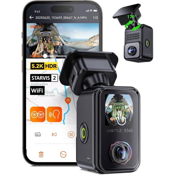 E360 Panoramic 2 Channel Dash Cam, 420 Degrees, Dual STARVIS 2, Front Fisheye + Inside Fisheye, IR Night Vision, Action Camera, Voice Control, Touchscreen, GPS, Parking Mode, Support 1TB