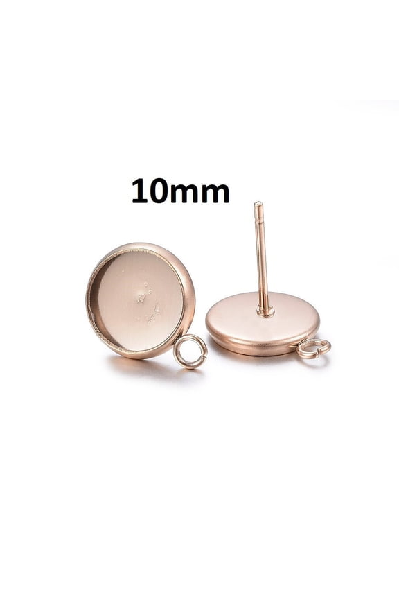E380 - 10 pcs. 304 Stainless Steel Rose Gold Earring Posts Studs Settings Bezels Cabochons Tacks with Loop - 10mm Glue Pad Setting - Parallel Loop