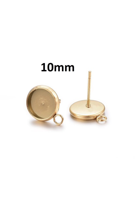 E381 - 10 pcs. 304 Stainless Steel Golden Earring Posts Studs Settings Bezels Cabochons Tacks with Loop - 10mm Glue Pad Setting - Parallel Loop