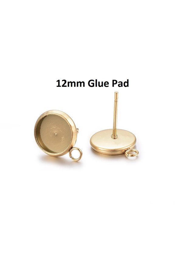 E382 - 10 pcs. 304 Stainless Steel Golden Earring Posts Studs Settings Bezels Cabochons Tacks with Loop - 12mm Glue Pad Setting - Parallel Loop