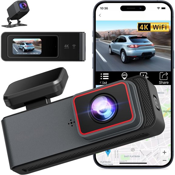 E4 4K Cam Front and Rear, WiFi Front 4K Rear 1080P Camera for , Mini Dashcam with APP Control, Night Vision, Parking Mode