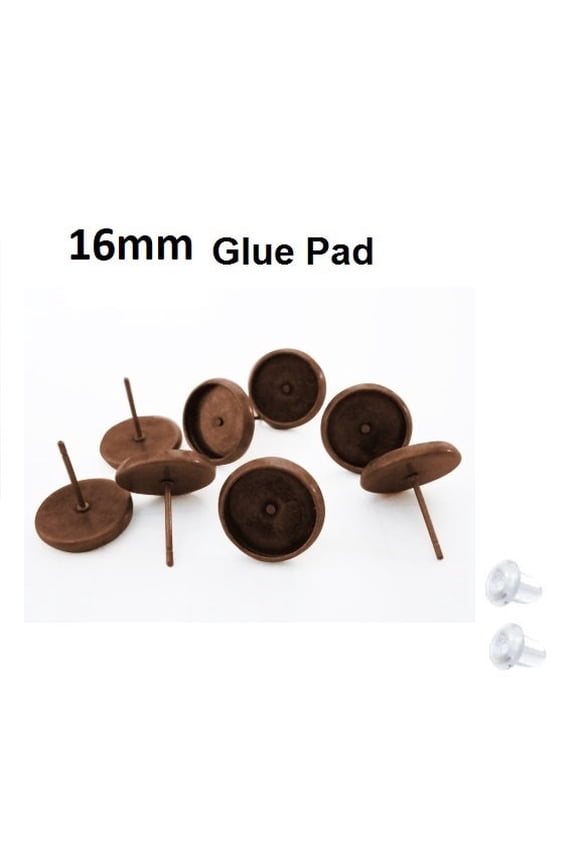E417 - 10 pcs. Antique Copper Earring Posts Studs Settings Bezels Cabochons Tacks - 16mm Glue Pad Setting