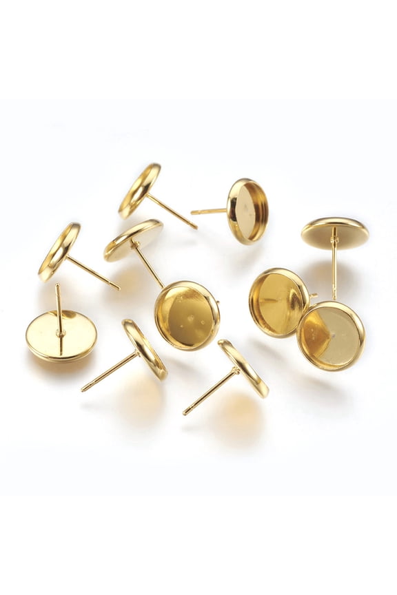 E440 - 10 pcs. 304 Stainless Steel Bright Gold Plated Earring Posts Studs Settings Bezels Cabochons Tacks- 10mm Glue Pad Setting - with Stoppers