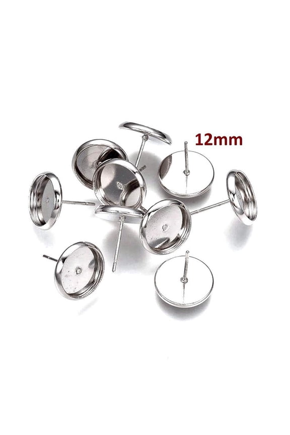 E458 - 50 pcs. Silver Tone Earring Posts Studs Settings Bezels Cabochons Tacks- 12mm Glue Pad Setting