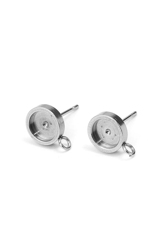E503 - 10 pcs 304 Stainless Steel Silver Earring Posts Studs Settings Bezels Cabochons Tacks with Loop - 10mm Glue Pad Setting - Perpendicular Loop