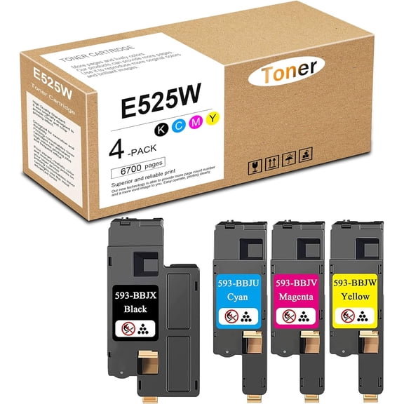 E525W Toner Cartridges Black Cyan Magenta Yellow Replacement for Dell 593-BBJX 593-BBJU 593-BBJV 593-BBJW E525 E525W Printer Ink, 4 Pack(1BK/1C/1M/1Y)