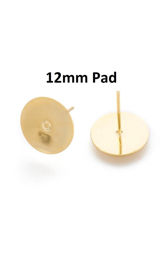 E527 - 20 pcs. (10 pairs) 304 Stainless Steel Earring Posts/Bases/Studs/Settings with Rubber Backs - Golden - 12mm x 12mm - 12mm Glue Pad