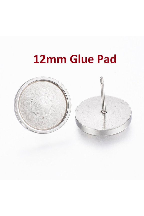 E541 - 10 pcs. 304 Stainless Steel Earring Posts Studs Settings Bezels Cabochons Tacks - 12mm Glue Pad Setting - Silver Tone - Flat Thick Bezel