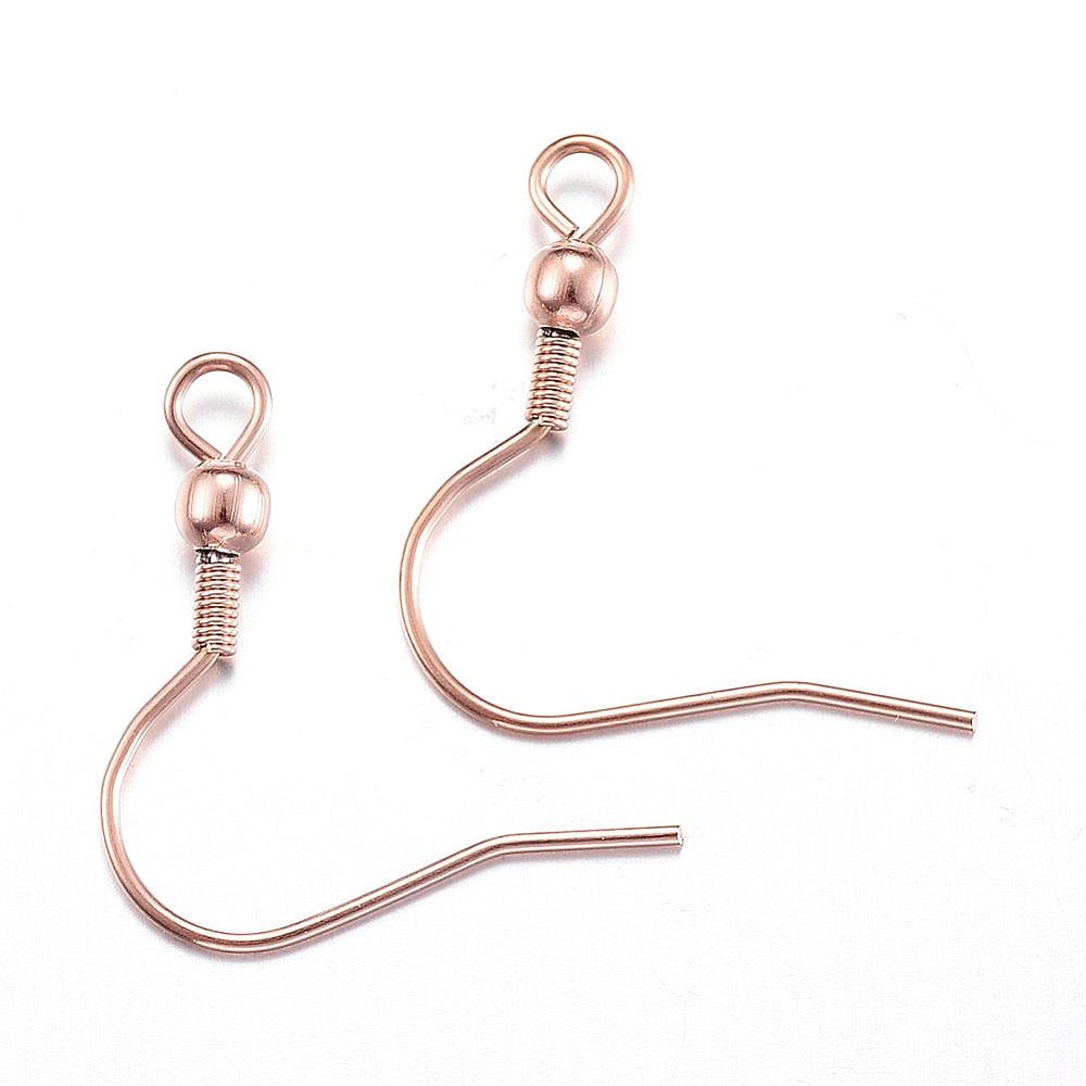 E543 - 50 pcs 304 Stainless Steel Rose Gold Earring Hooks with Spring and Ball - 20mm x 19mm - Hole: 2mm - 0.8mm Pin - Light Rose Gold Tone