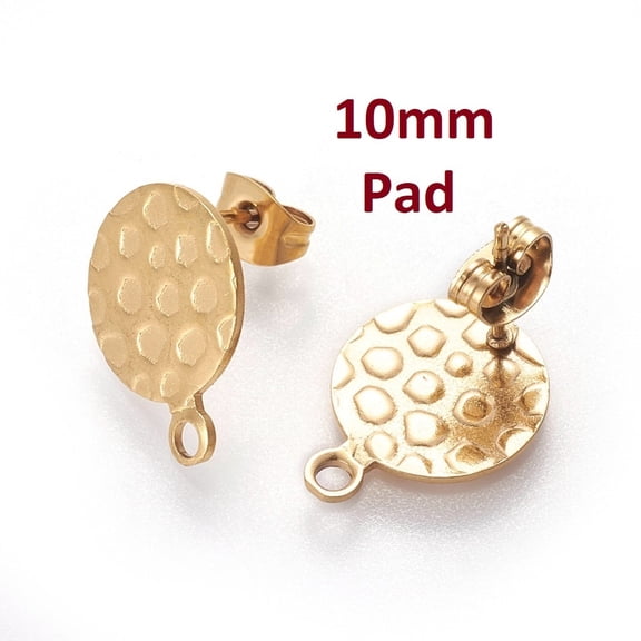 E559 -10 pcs (5 pairs) 304 Stainless Steel Golden Earring Posts/Studs/Settings - 10mm Diameter - Hole Size: 1.8mm - TEXTURED - Style E - with Loop
