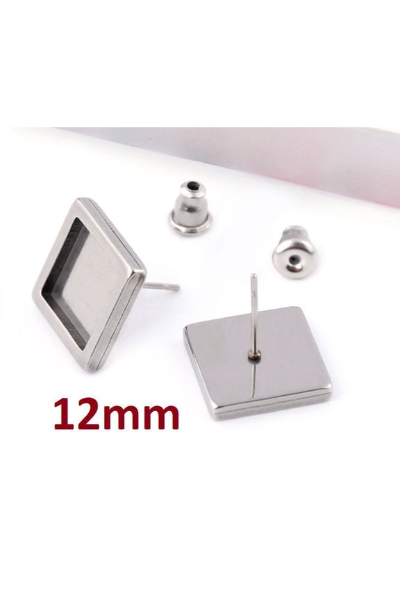 E579 - 6 pcs. Stainless Steel Silver Tone Square Earring Posts Studs Settings Bezels Cabochons Tacks- 12mm x 12mm Glue Pad Setting