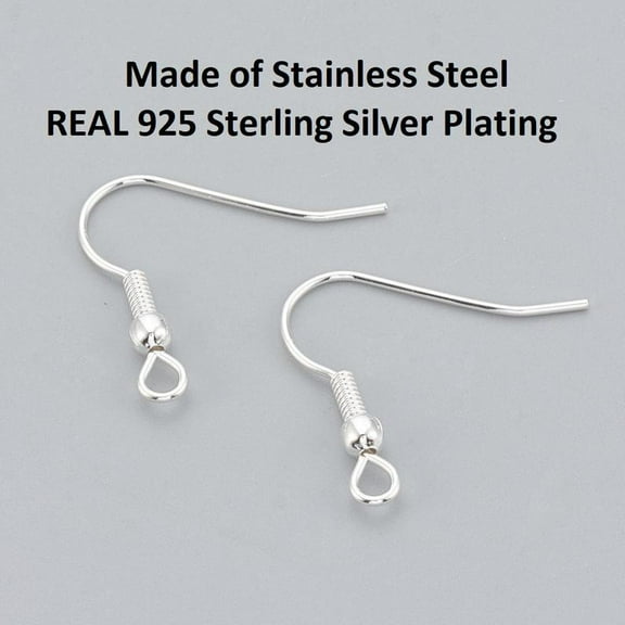 E581- 50 pcs 304 Stainless Steel 925 Sterling Silver Plated Earring Hooks with Spring and Ball - 20mm x 20mm - Hole Size: 2mm - Parallel Loop