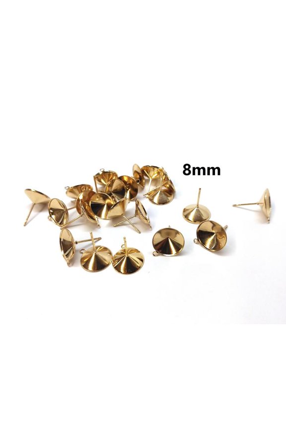 E593 - 10 pcs. (5 pairs) 304 Stainless Steel Earring Cone Posts Studs with Parallel Loop - Golden - For 8mm Pointed Back Rhinestones - Hole: 1mm