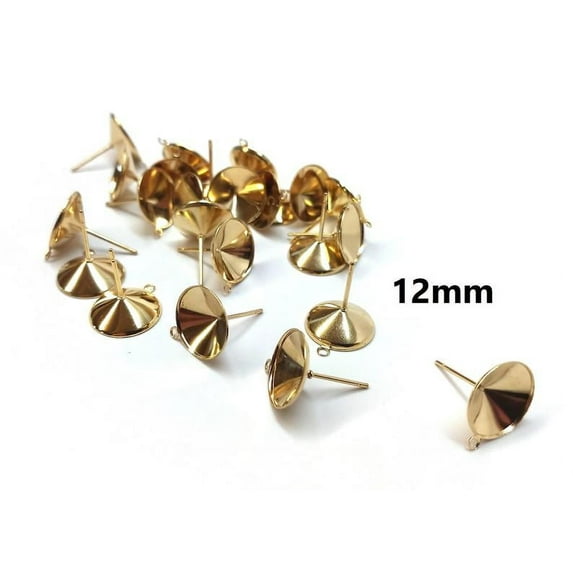 E595 - 10 pcs. (5 pairs) 304 Stainless Steel Earring Cone Posts Studs with Parallel Loop - Golden - For 12mm Pointed Back Rhinestones - Hole: 1mm