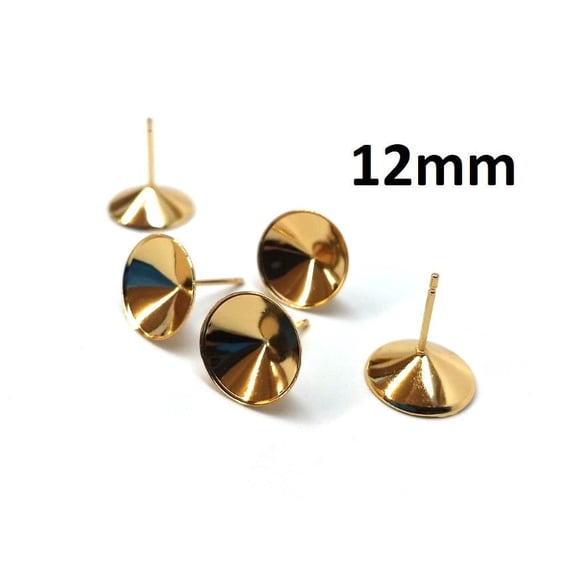 E597 - 10 pcs. (5 pairs) 304 Stainless Steel Earring Cone Posts Studs - For 12mm Pointed Back Rhinestones - Golden