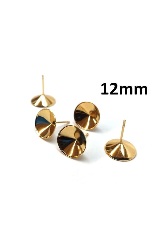 E597 - 10 pcs. (5 pairs) 304 Stainless Steel Earring Cone Posts Studs - For 12mm Pointed Back Rhinestones - Golden
