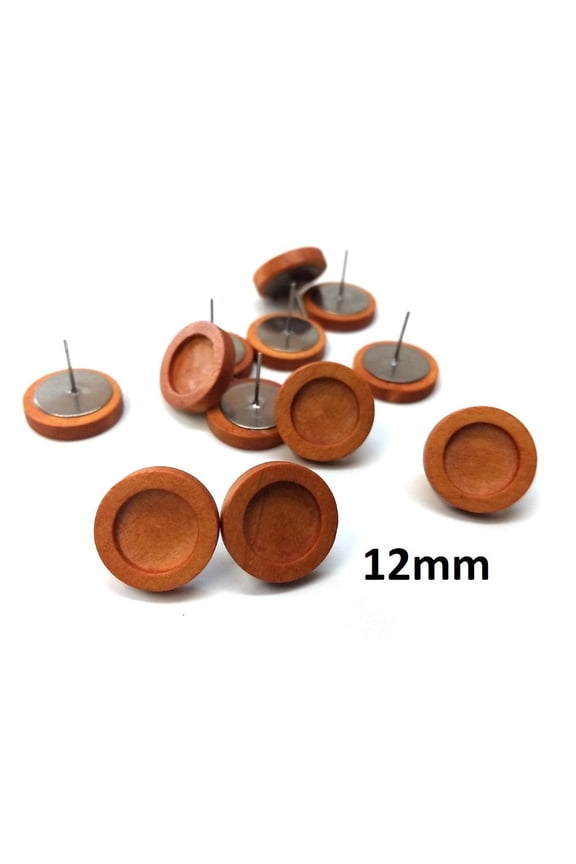 E600 - 10 pcs. Stainless Steel Earring Posts Studs Settings Bezels Cabochons Tacks - 12mm Glue Pad Setting - Silver Tone - Wood Bezel - Cherry