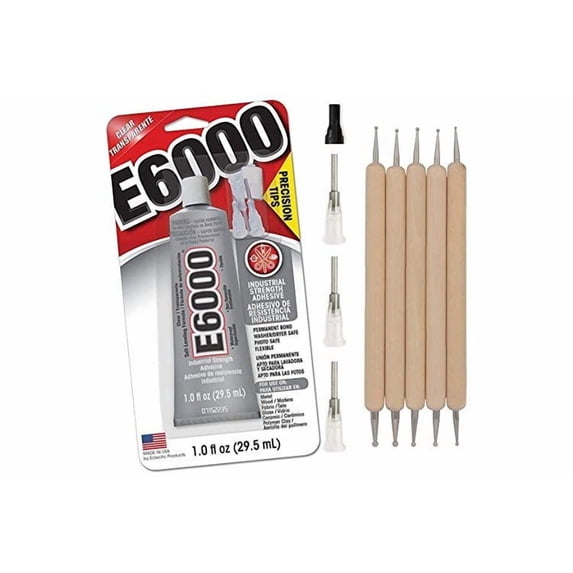 E6000 1-Ounce Tube with Precision Tips Industrial Strength Adhesive for Crafting and Pixiss Wooden Art Dotting Stylus Pens 5 pcs Set - Rhinestone Applicator Kit