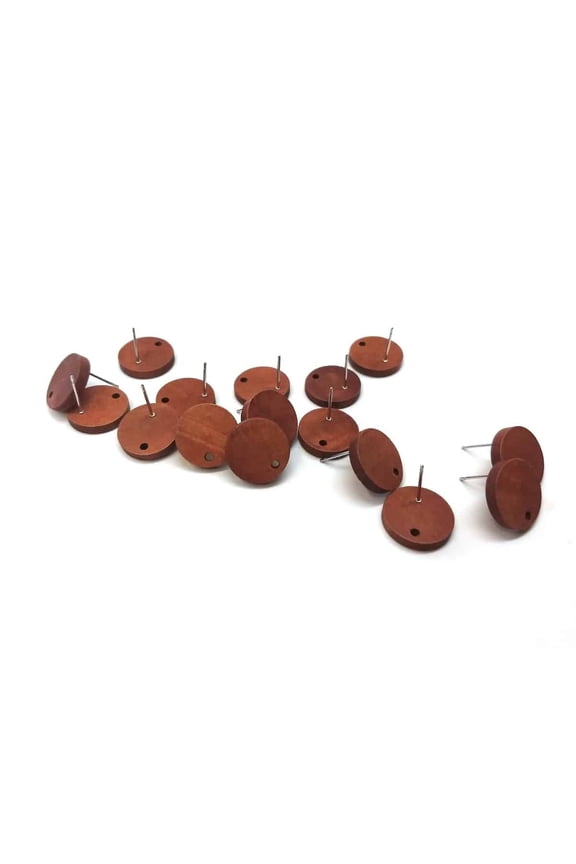 E627 - 10 pcs. 304 Stainless Steel Earring Posts Studs Settings Cabochons Tacks - 15mm Diameter - Wood - Cherry Brown - Thin Frame