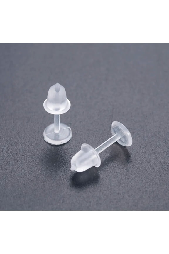 E631 - 50 pcs (25 Pairs) Clear Plastic Earring Posts with Back Stoppers - 12mm x 5mm - 5mm Glue Pad Base