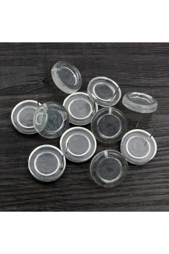 E645 - 10 pcs. Resin Earring Posts Studs Settings Cabochons Tacks - 12mm Glue Pad Setting - Clear - Silver Tone Pins