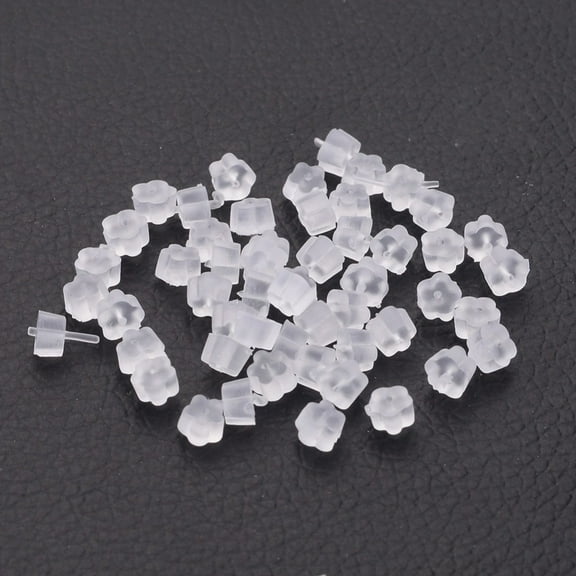 E647B - 500 pcs (250 Pairs) Clear Translucent Rubber Earring Back Stoppers Nuts - 4mm x 2.5mm - Flower - Hole: 0.7mm