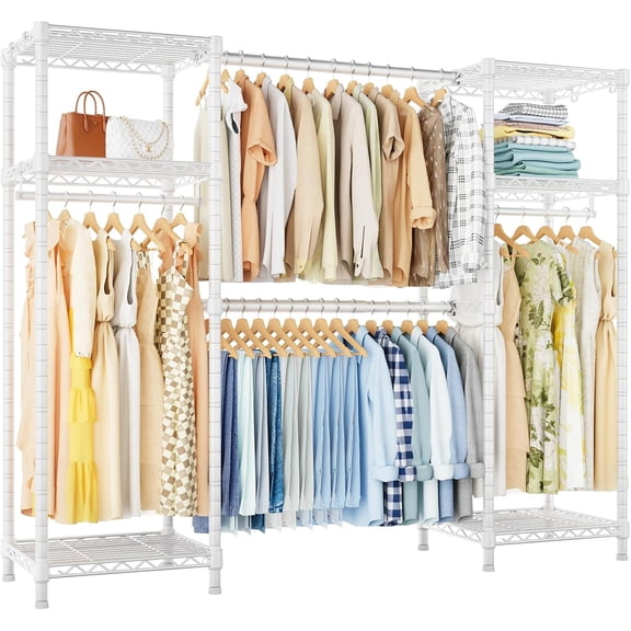 E7 Garment Rack, Clothes Organizer and Storage Rack with Expandable Hangers, Clothing Rack with 6 Wire Shelves, (52.3"-72") W x 14.5" D x 71.2" H, Load 838 LBS, White
