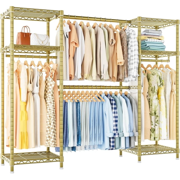 E7 Garment Rack, Clothes Storage System with Extendable Hangers Rods, Clothing Rack with 6 Wire Shelves, (52.3"-72") W x 14.5" D x 71.2" H, Load 838lbs,