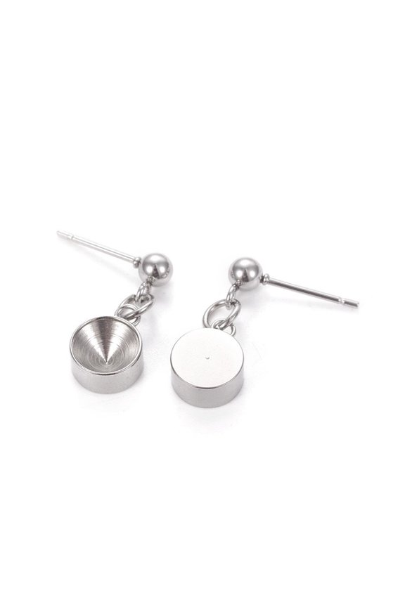 E703 - 10 pcs. 304 Stainless Steel Earring Dangle Tacks Posts Studs Settings Bezels - Silver Tone - For 7mm Rivoli and Pointed Back Cabochons