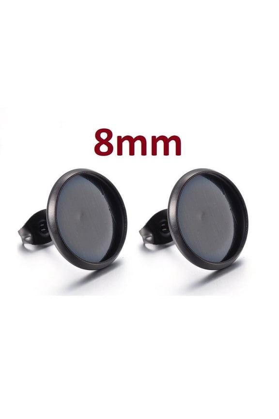 E709 - 10 pcs. 304 Stainless Steel Gunmetal Black Earring Posts Settings Bezels Cabochons Tacks - 8mm Glue Pad Setting