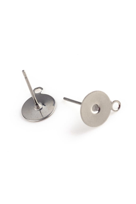 E710 - 100 pcs. (50 pairs) 304 Stainless Steel Earring Posts/Bases/Studs/Settings with loop - 8mm Glue Pad - 11mm with Loop - Includes Rubber Backs
